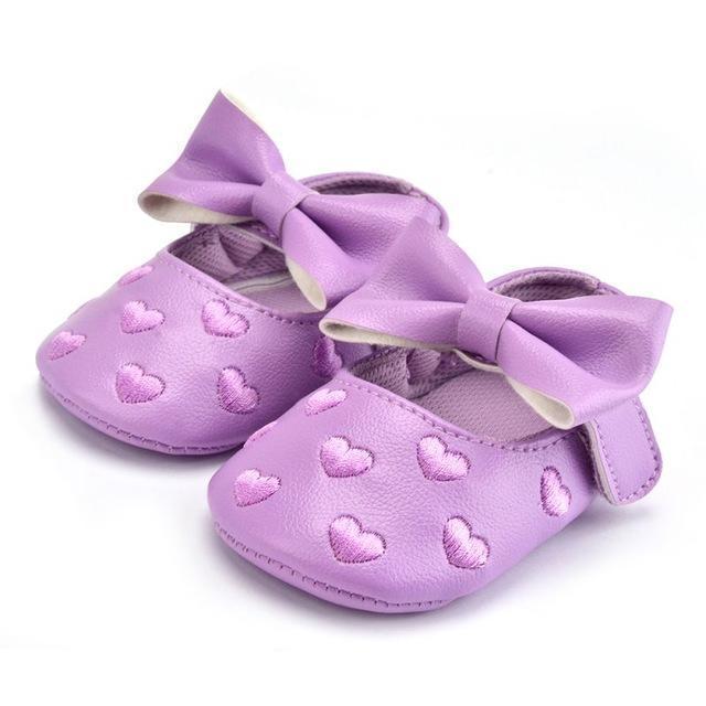 Girls PU Leather Heart Embroidered Shoes With Bow Decor-Z-13-18 Months-JadeMoghul Inc.