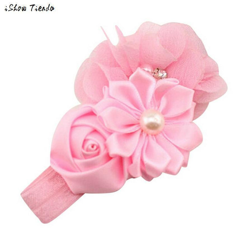 Girls Ribbon And Fabric Flowers Elastic Head Band-Blue-JadeMoghul Inc.