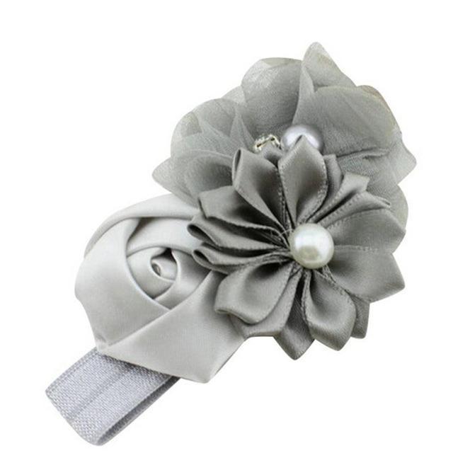 Girls Ribbon And Fabric Flowers Elastic Head Band-Gray-JadeMoghul Inc.