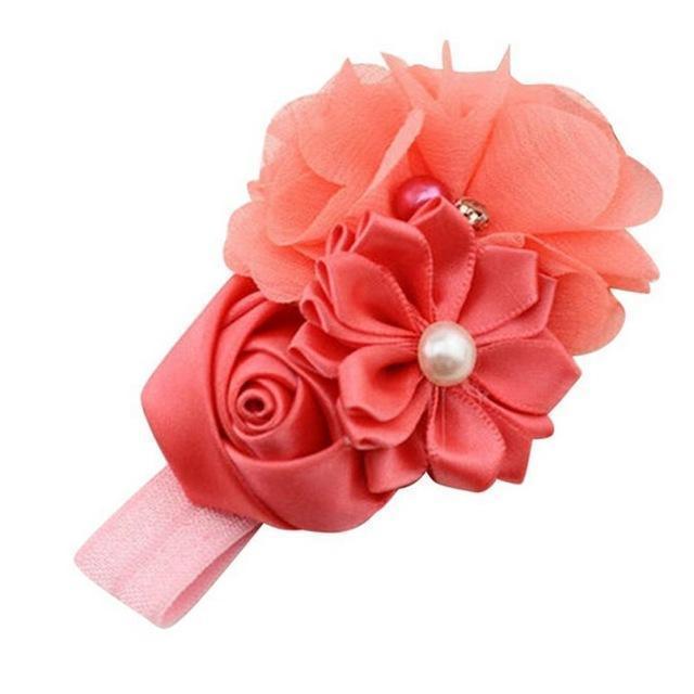 Girls Ribbon And Fabric Flowers Elastic Head Band-Watermelon Red-JadeMoghul Inc.