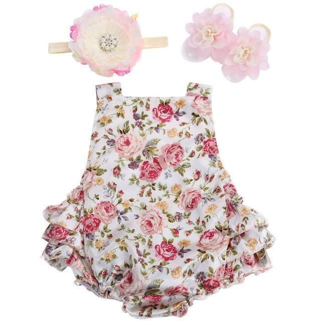 Girls Summer Ruffle Floral Print Romper , HeadBand And Shoes Set-2G3010-9M-JadeMoghul Inc.