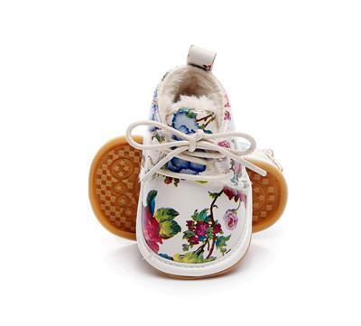 Girls Super Warm Fur Lined PU Leather Floral Print Shoes-White F-2-JadeMoghul Inc.