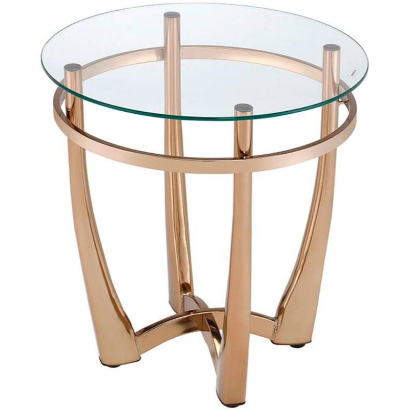 Glass Round End Table With Metal Base, Champagne And Clear Glass-Side and End Tables-Gold, Clear-Glass Metal-JadeMoghul Inc.