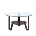 Glass Top Wooden Coffee Table with Curvy V shaped Legs and Open Shelf, Brown and Clear-Coffee Tables-Brown and Clear-Glass Engineered Wood Veneer-JadeMoghul Inc.