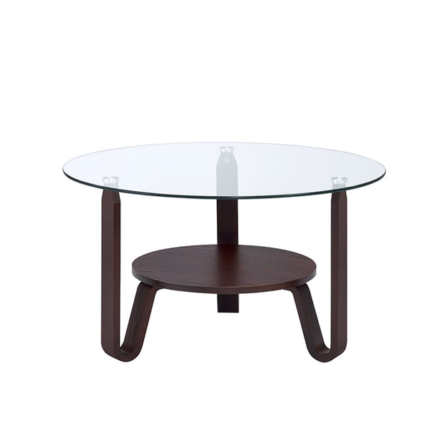 Glass Top Wooden Coffee Table with Curvy V shaped Legs and Open Shelf, Brown and Clear-Coffee Tables-Brown and Clear-Glass Engineered Wood Veneer-JadeMoghul Inc.