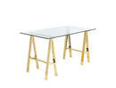 Glass Writing Desk with Metal Sawhorse Style Legs, Gold and Clear-Desks-Gold and Clear-Metal and Glass-JadeMoghul Inc.
