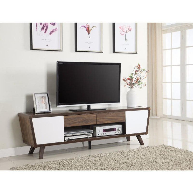 Glittering Two-Tone Mid-Century Modern TV Stand, White and Brown-Entertainment Centers and Tv Stands-White and Brown-SOLIDWOOD-JadeMoghul Inc.