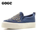 GOGC 2018 Studded Women Shoes Stud Canvas Shoes Women Causal Shoes Comfortable Thick Bottom Slip on Flats Shoes Women Slipony-blue-6-China-JadeMoghul Inc.