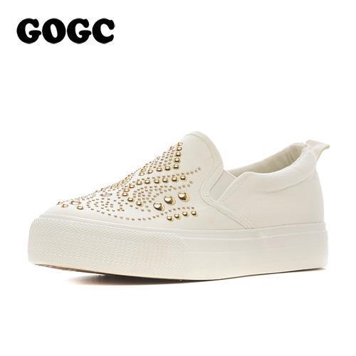 GOGC 2018 Studded Women Shoes Stud Canvas Shoes Women Causal Shoes Comfortable Thick Bottom Slip on Flats Shoes Women Slipony-white-6-Russian Federation-JadeMoghul Inc.