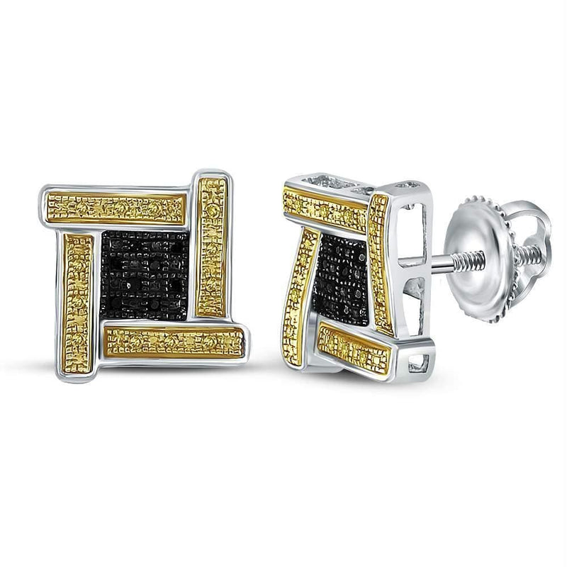 Gold & Diamond Men Earrings Sterling Silver Mens Round Yellow Black Color Enhanced Diamond Cluster Earrings 1-6 Cttw JadeMoghul Inc. 