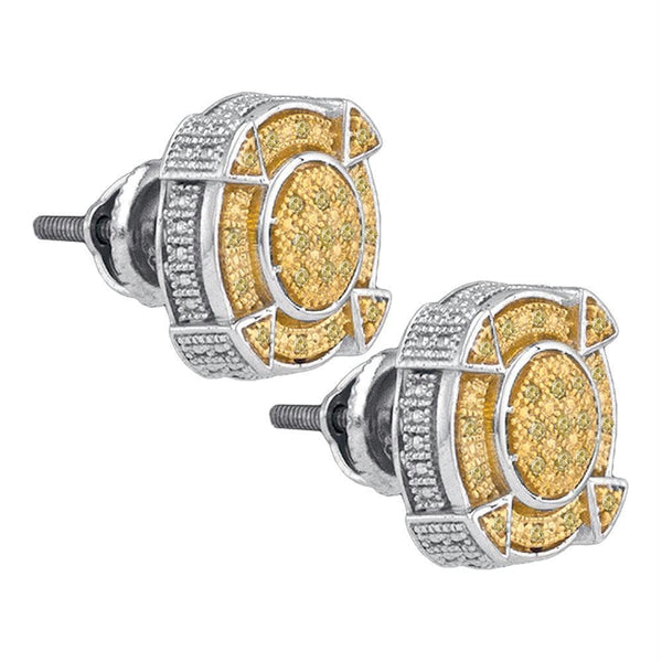 Gold & Diamond Men Earrings Sterling Silver Mens Round Yellow Color Enhanced Diamond Cluster Earrings 1-8 Cttw JadeMoghul Inc. 