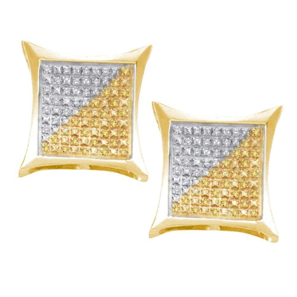 Yellow-tone Sterling Silver Mens Round Color Enhanced Diamond Square Kite Clusters Earrings 1-4 Cttw