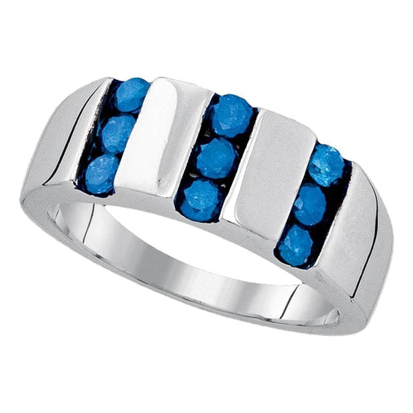 Gold & Diamond Men Rings Sterling Silver Men's Round Blue Color Enhanced Channel-set Diamond Triple Row Band 1.00 Cttw - FREE Shipping (US/CAN) JadeMoghul
