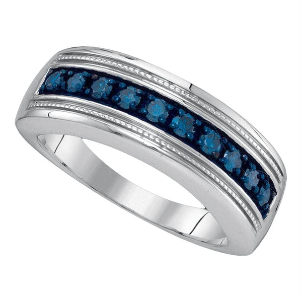 Gold & Diamond Men Rings Sterling Silver Men's Round Blue Color Enhanced Diamond Wedding Anniversary Band 1/2 Cttw - FREE Shipping (US/CAN) JadeMoghul