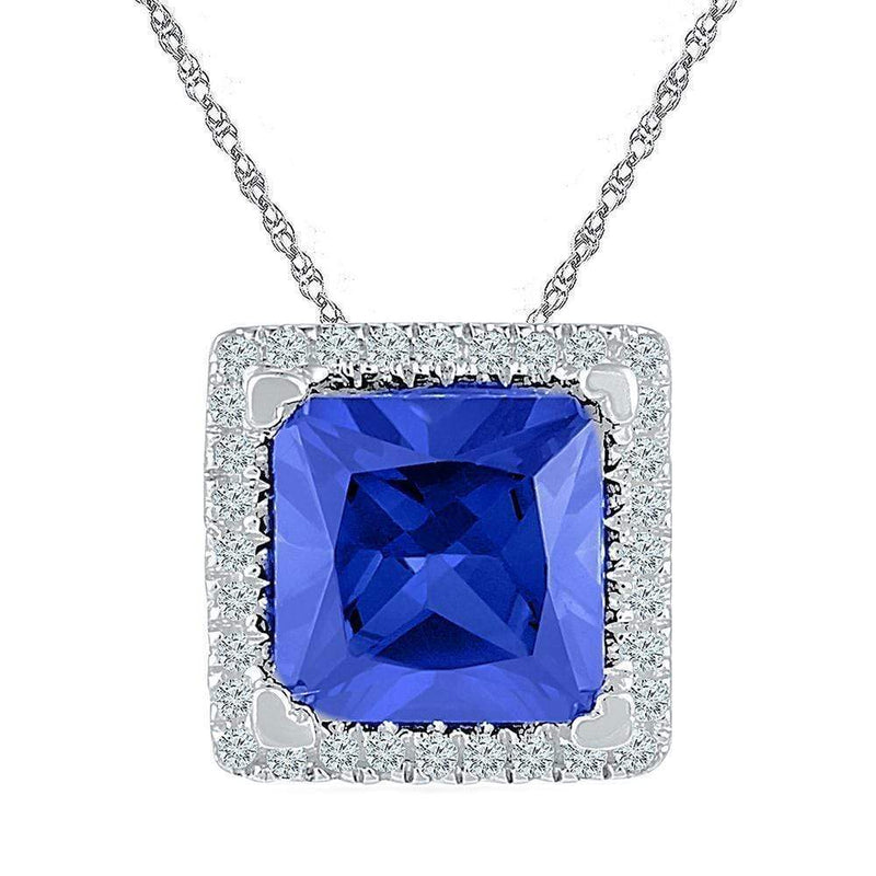 Gold & Diamond Pendants & Necklaces Sterling Silver Women's Princess Lab-Created Blue Sapphire Solitaire Square Frame Diamond Pendant 1-7-8 Cttw - FREE Shipping (US/CAN) JadeMoghul