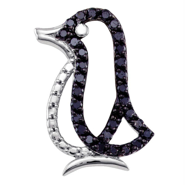 Gold & Diamond Pendants & Necklaces Sterling Silver Womens Round Black Color Enhanced Diamond Penguin Bird Animal Pendant 5-8 Cttw JadeMoghul Inc. 