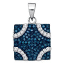 Gold & Diamond Pendants & Necklaces Sterling Silver Womens Round Blue Color Enhanced Diamond Square Pendant 1-3 Cttw JadeMoghul Inc. 