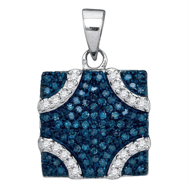 Gold & Diamond Pendants & Necklaces Sterling Silver Womens Round Blue Color Enhanced Diamond Square Pendant 1-3 Cttw JadeMoghul Inc. 