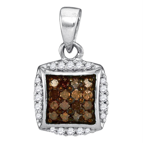 Gold & Diamond Pendants & Necklaces Sterling Silver Womens Round Cognac-brown Color Enhanced Diamond Square Cluster Pendant 1-4 Cttw JadeMoghul Inc. 