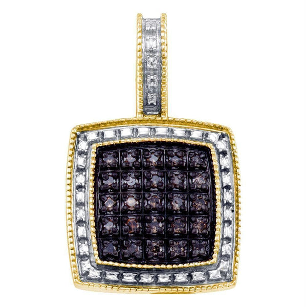 Yellow-tone Sterling Silver Womens Round Brown Color Enhanced Diamond Square Cluster Pendant 1-5 Cttw