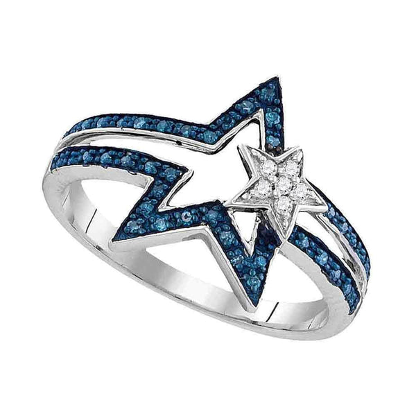 Gold & Diamond Rings Sterling Silver Women's Round Blue Color Enhanced Diamond Double Star Ring 1/6 Cttw - FREE Shipping (US/CAN) JadeMoghul