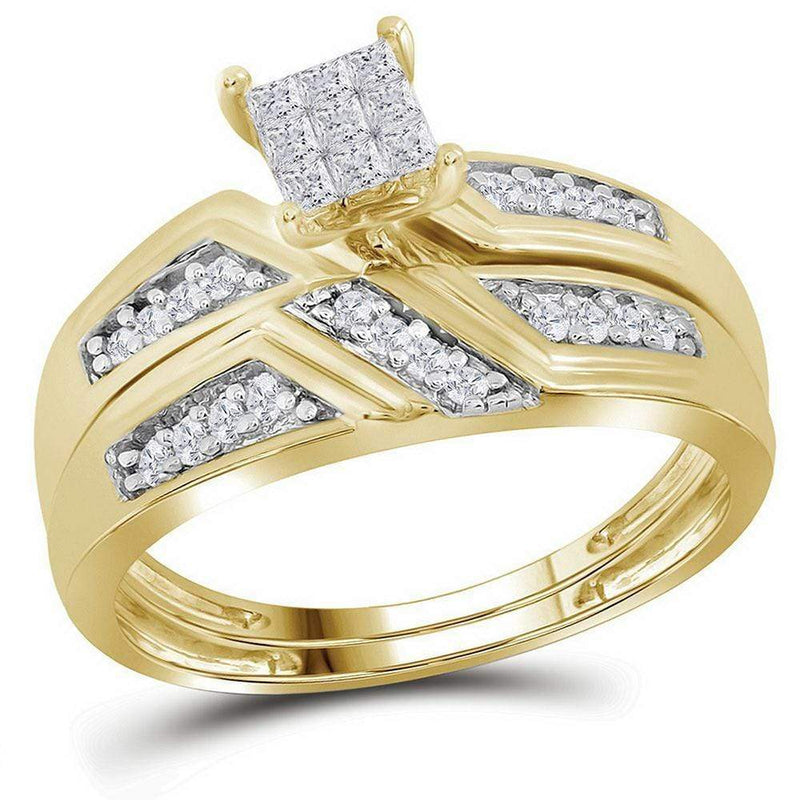 Gold & Diamond Trio Sets Sterling Silver His & Hers Princess Diamond Cluster Matching Bridal Wedding Ring Band Set 1/3 Cttw - FREE Shipping (US/CAN) JadeMoghul
