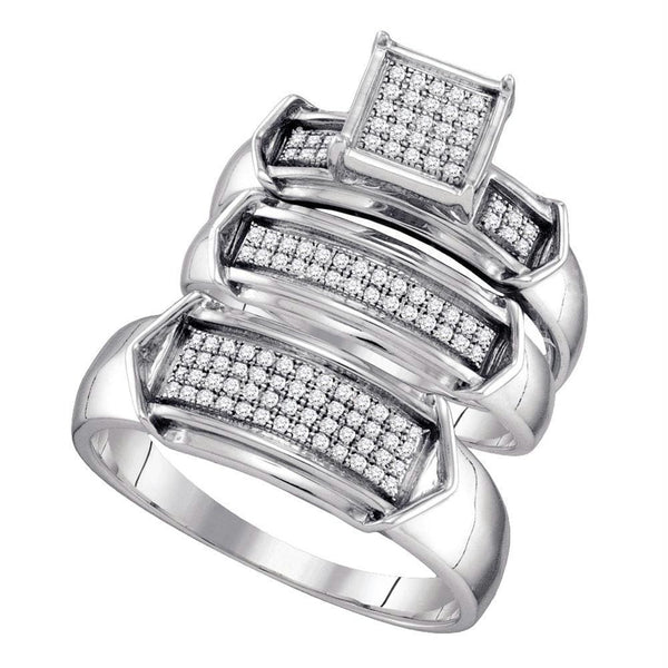Gold & Diamond Trio Sets Sterling Silver His & Hers Round Diamond Cluster Matching Bridal Wedding Ring Band Set 1/3 Cttw - FREE Shipping (US/CAN) JadeMoghul