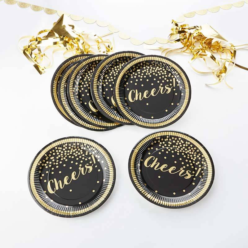 Gold Foil Cheers 9 in. Paper Plates - Party Time (6 Sets of 8)-Celebration Party Supplies-JadeMoghul Inc.
