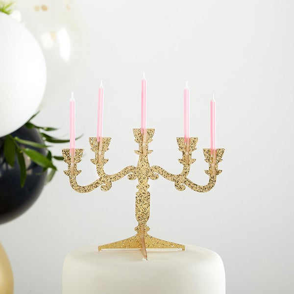 Gold Glitter Acrylic Candelabra Cake Topper-Wedding Cake Toppers-JadeMoghul Inc.