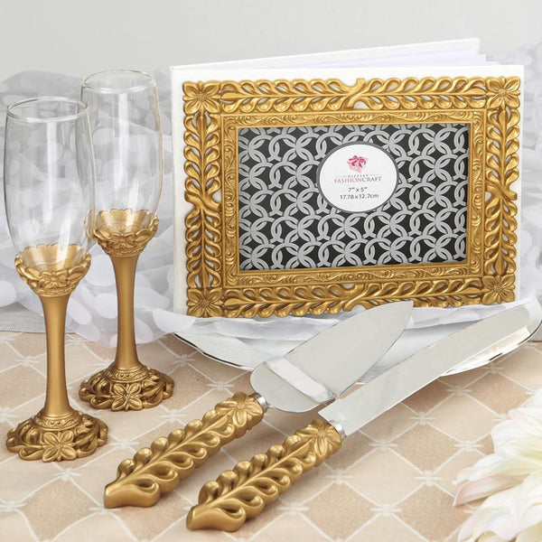 Gold lattice botanical collection set, consisting of a cake knife set, a flute set and a guest book-Wedding Cake Accessories-JadeMoghul Inc.