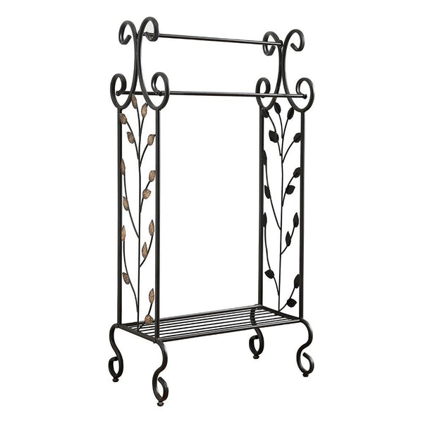 Gold Leaves Metal Towel Rack Stand With Shelf, Black-Towel Racks and Stands-Black-Metal-JadeMoghul Inc.