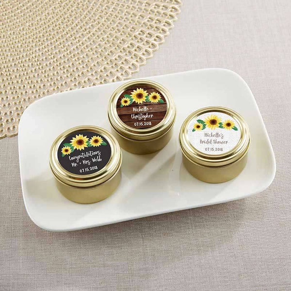 Gold Theme Personalized Gold Round Candy Tin - Sunflower (2 Sets of 12) Kate Aspen