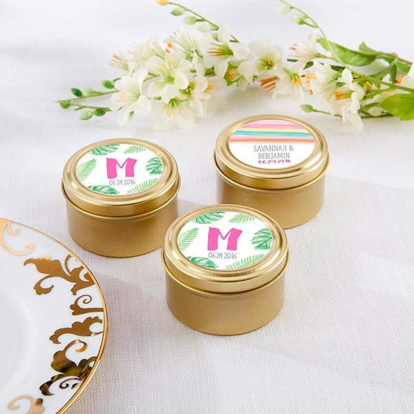 Gold Theme Personalized Gold Round Candy Tins - Pineapples & Palms (2 Sets of 12) Kate Aspen