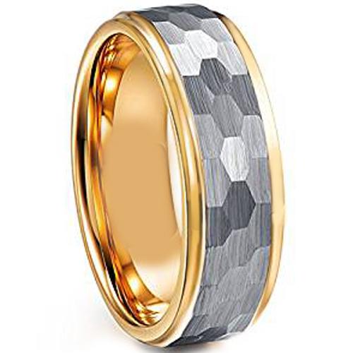 Gold Ring For Men Gold Tone Silver White Tungsten Carbide Step Edges Hammered Ring