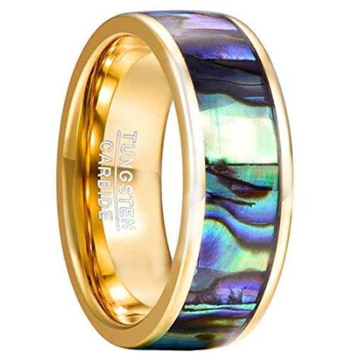 Gold Band Ring Gold Tone Tungsten Carbide Abalone Shell Flat Ring