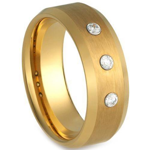 Simple Gold Ring Gold Tone Tungsten Carbide Ring With 0.12ct Genuine White Diamond