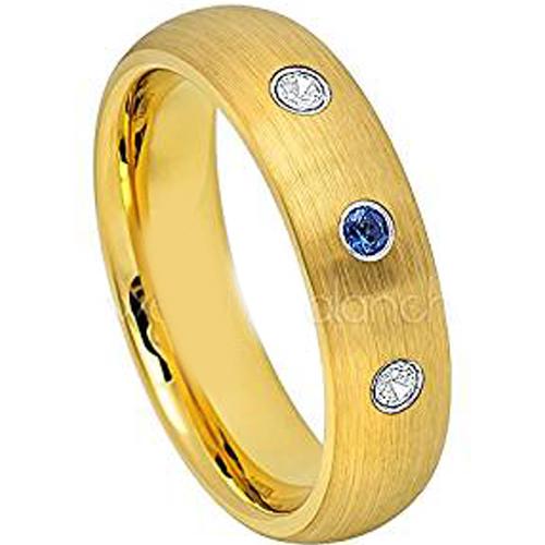 Simple Gold Ring Gold Tone Tungsten Carbide Dome With 0.08ct Genuine White Diamond & Blue Sapphire