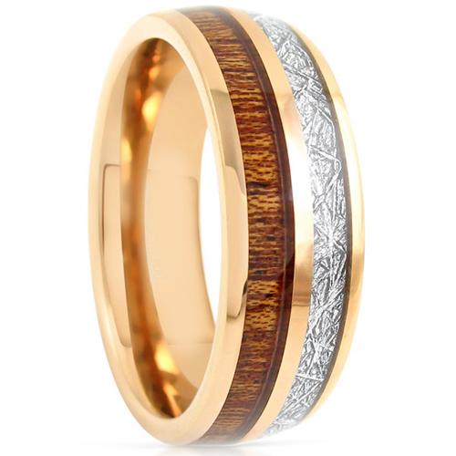 Simple Gold Ring Gold Tone Tungsten Carbide Dome Ring With Meteorite And Koa Wood