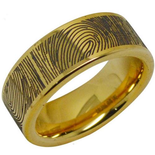 Gold Wedding Rings Gold Tone Tungsten Carbide Flat Ring With Custom Fingerprint Engraving