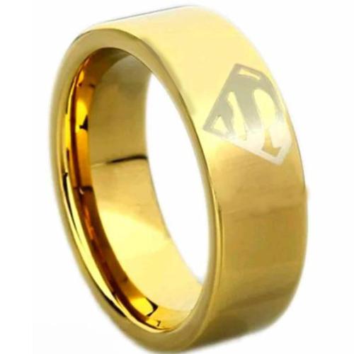 Gold Ring For Men Gold Tungsten Carbide Pipe Cut Flat Superman Ring