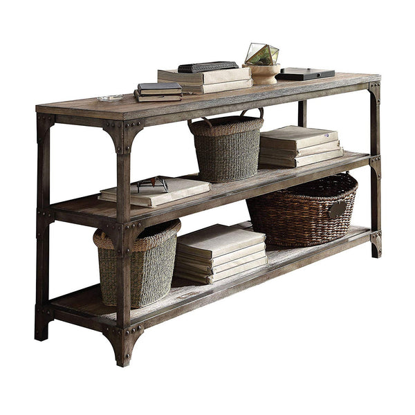 Gorden Console Table With 2 Shelves, Weathered Oak & Antique Silver-Console Tables-Brown & Antique Silver-Pine Veneer MDF Iron Metal-JadeMoghul Inc.