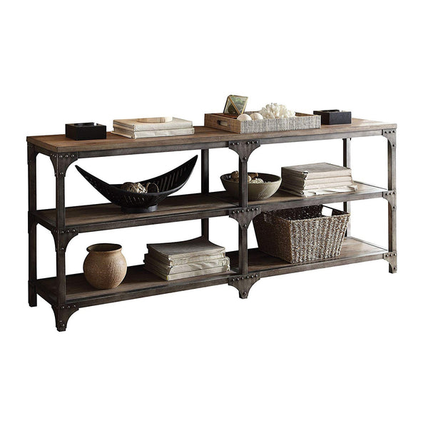 Gorden Console Table With 4 Shelves, Weathered Oak & Antique Silver-Console Tables-Brown & Antique Silver-Pine Veneer MDF Iron Metal-JadeMoghul Inc.