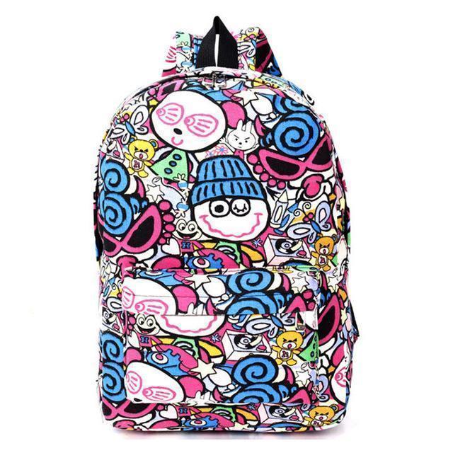 Graffiti Canvas Backpack Students School Bag For Teenage Girls Boys Backpacks Bags Cartoon Printing Rucksack Street Escolar 1065-Blue hat-JadeMoghul Inc.