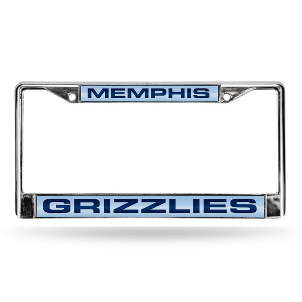 Porsche License Plate Frame Grizzlies Laser Chrome Frame Light Blue Background With Navy Letters
