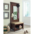 Hall Tree With Storage Bench And Mirror, Brown-Accent and Storage Benches-Brown-Wood-JadeMoghul Inc.