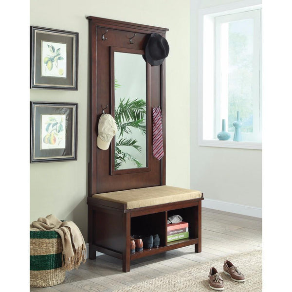 Hall Tree With Storage Bench And Mirror, Brown-Accent and Storage Benches-Brown-Wood-JadeMoghul Inc.