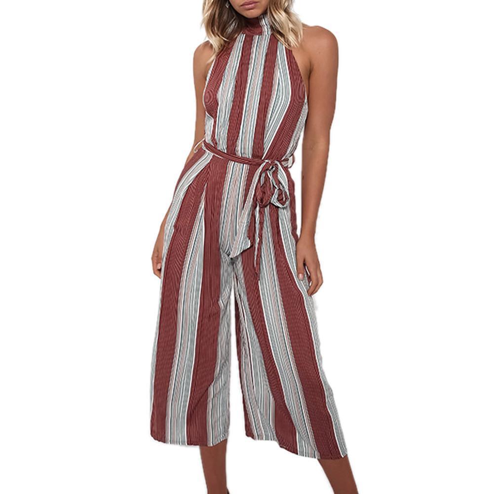 Halter Striped Jumpsuit Romper Women Summer Sexy Backless Sleeveless P