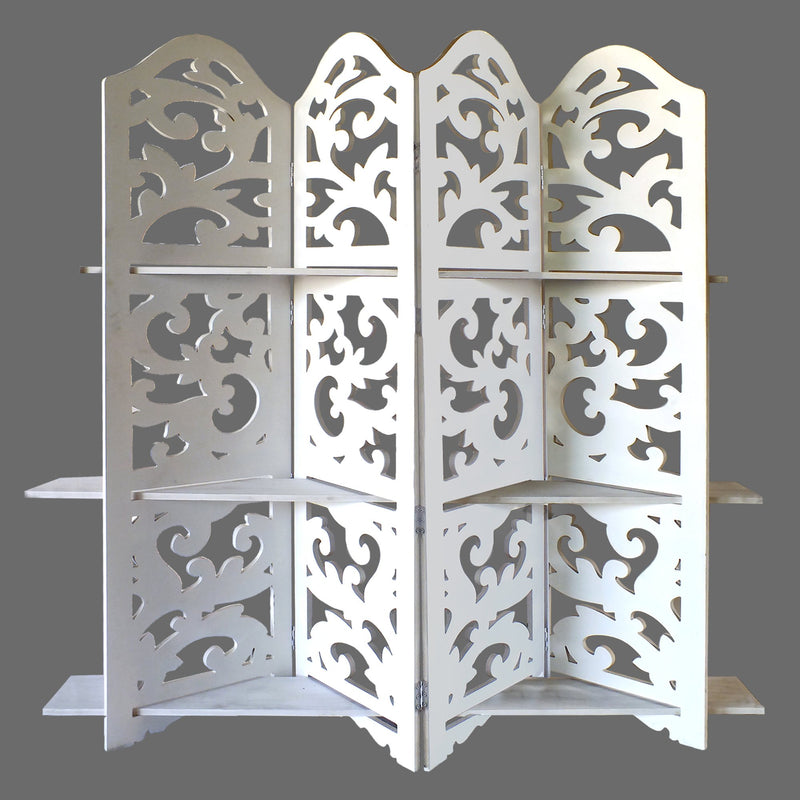 Hand Carved Four Panel Wooden Room Divider with Shelving Unit, White