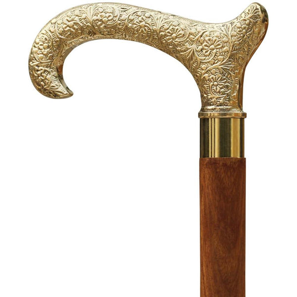 Hand Carved Wooden Walking Stick Cane With Golden Handle, Brown-Decorative Accessories-Brown and Gold-Wood/ Brass-JadeMoghul Inc.