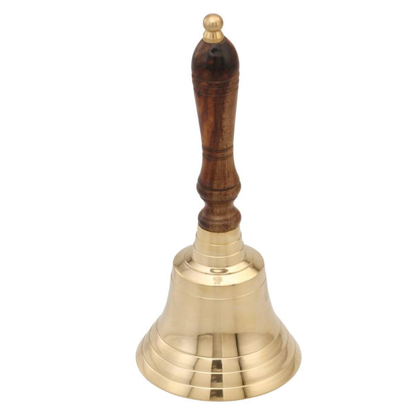 Handcrafted Brass 9 inch Hand Bell With Wooden Handle, Gold and Brown-Decorative Objects and Figurines-Gold and Brown-Brass and Wood-JadeMoghul Inc.